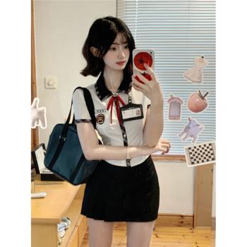 夏季JK制服美式拼色領襯衫短袖兩件套收腰純欲風韓系學院風套裝女