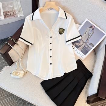 白色V領襯衫女夏英倫學院風jk制服工作服短袖氣質減齡純欲風上衣