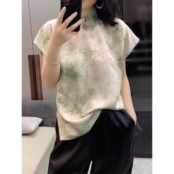 潮牌復古高階扎染中式改良旗袍襯衫女短袖2024夏新款百搭國風上衣