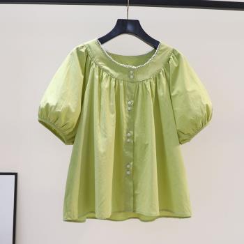 果綠色娃娃衫上衣女夏2024新款小清新時尚洋氣小個子短袖襯衫夏裝
