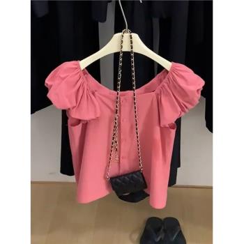 夏季新款洋氣時髦小飛袖粉色襯衫女韓版減齡別致寬松短款小眾上衣