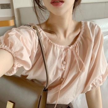 2023年新款韓系溫柔法式高級感系帶圓領粉色泡泡袖襯衫上衣女夏季