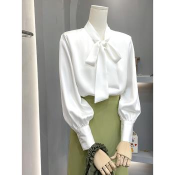 蝴蝶結白色襯衫女高級感泡泡袖法式通勤上衣春裝女2025年新款襯衣