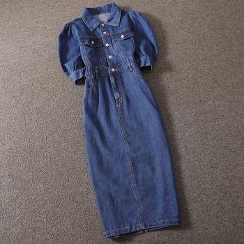 牛仔連衣裙女新款2023年秋季韓版深藍色高腰顯瘦氣質中袖收腰長裙