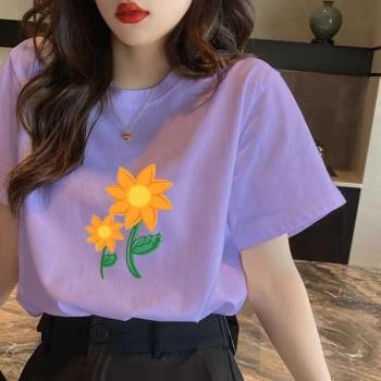 韓版紫色純棉短袖t恤女2023夏季新款設計感印花寬松百搭時尚上衣