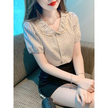 巴酷森2023夏季新款韓版短袖娃娃領襯衫女裝法式甜美復古格子上衣