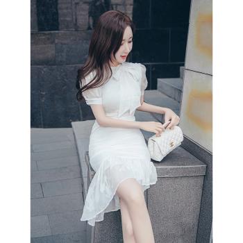 裙子2023年新款夏性感氣質名媛高級感別致法式白色魚尾包臀連衣裙