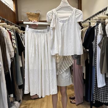 夏裝新款韓版寬松兩件套套裝圓領短款棉麻背心上衣+高腰橡筋半裙