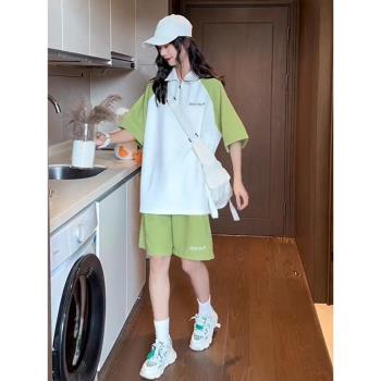 POLO領撞色短袖短褲運動服套裝女夏季學生韓版寬松時尚休閑兩件套