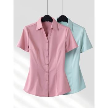 粉色V領短袖襯衫女夏季氣質工裝上衣職業套裝面試正裝工作服襯衣