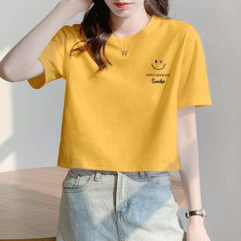 黃色短款t恤女夏寬松短袖正肩學生上衣服減齡小個子高領露臍體恤