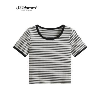 九州誠品/JZZDEMM夏季條紋t恤女坑條修身短款針織短袖小個子上衣