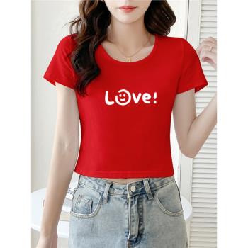 大紅色短款t恤女夏修身顯瘦高腰露臍短袖小個子上衣緊身性感體恤