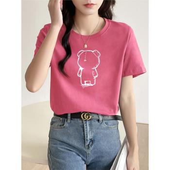 純棉玫粉色短袖t恤女夏季寬松半袖正肩體恤2023新款小熊印花上衣