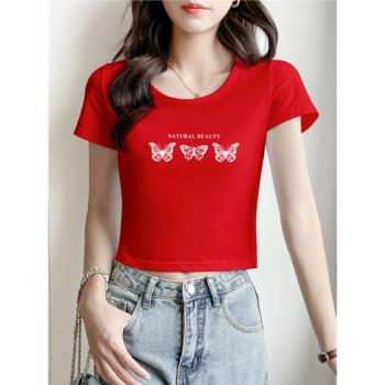 大紅色短款t恤女修身百搭正肩高腰露臍上衣夏蝴蝶印花小個子體恤