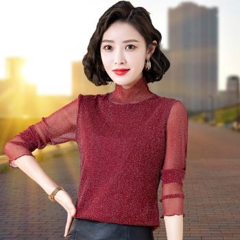打底衫女士春季2024年新款韓版長袖設計感氣質蕾絲衫網紗T恤上衣