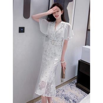 夏季新款女裝高級感西裝領白色連衣裙小眾設計感氣質時尚魚尾裙