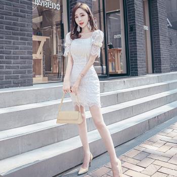 2023夏季新款女裝名媛性感氣質白色泡泡袖方領蕾絲修身包臀連衣裙