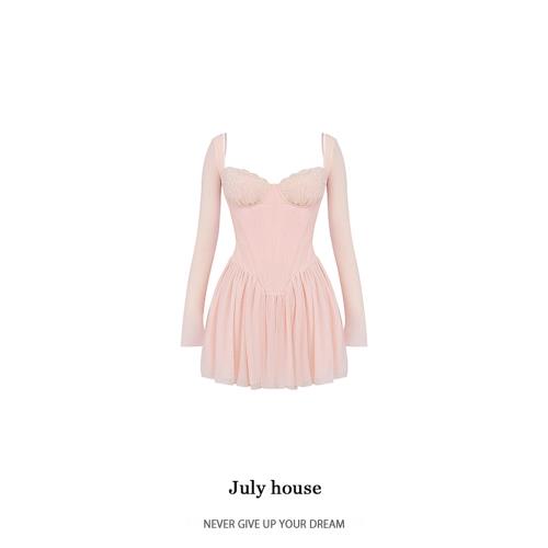 house同款法式魚骨吊帶長袖連衣裙粉色芭比風穿搭收腰網紗短裙
