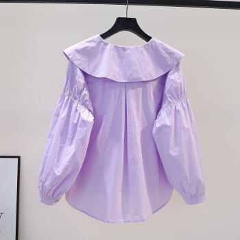 香芋紫色長袖襯衫女2023新款秋裝法式減齡小清新設計感娃娃領上衣