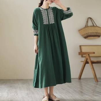 棉麻長袖連衣裙女2023新款秋裝民族風森系綠色高端亞麻連身裙長裙
