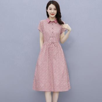 棉麻亞麻連衣裙女高端新款夏季品牌亞麻高級氣質粉色媽媽裙子長裙