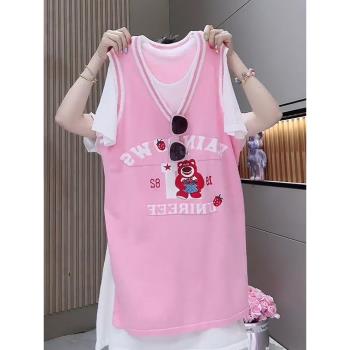 韓版休閑學院風運動球衣背心裙夏裝粉色假兩件短袖T恤連衣裙女生