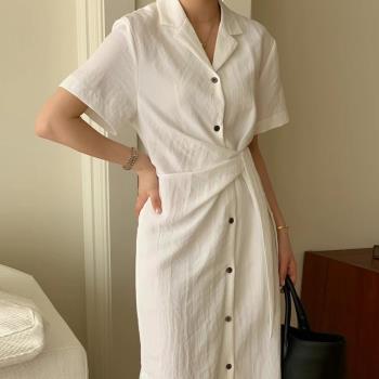 韓國chic夏季法式氣質西裝領側邊系帶收腰顯瘦短袖襯衫式連衣裙女