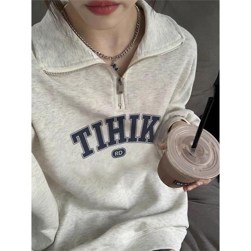 奶系Polo領衛衣女早春新款oversize潮牌半拉鏈情侶翻領正肩上衣服