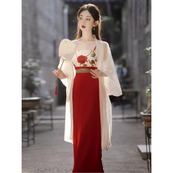 可以穿上班的改良漢服紅色馬面裙套裝女夏中國風漢元素連衣裙超仙