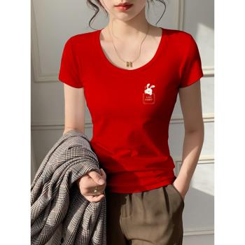 兔年紅色本命年短袖T恤女2024新款半袖上衣假口袋設計感小眾洋氣