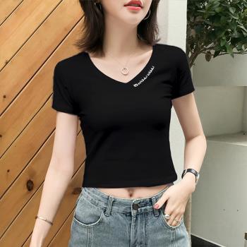 黑色短袖T恤女短款V領露臍上衣2023夏季新款韓版修身高腰性感打底