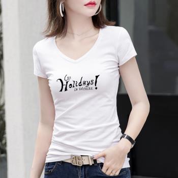 新款夏裝純白色T恤女短袖修身百搭V領印花字母體恤女士上衣韓版潮