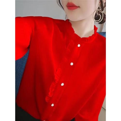 新款紅襯衫女2025秋季長袖女裝韓版時尚寬松襯衣女洋氣上衣工作服