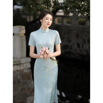 藍色旗袍新款2024女夏季平時穿改良藍色清冷感年輕高階氣質新中式