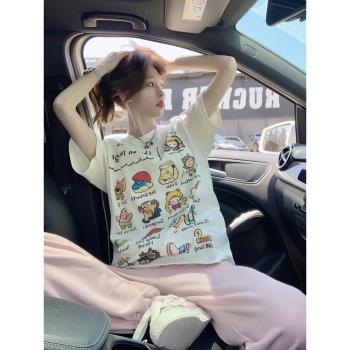 韓版趣味可愛卡通印花短袖T恤女夏季2023新款寬松顯瘦中長款上衣