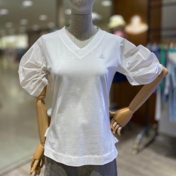 土星刺繡V領修身短袖T恤女2024年夏季新款白色絲光棉泡泡袖上衣
