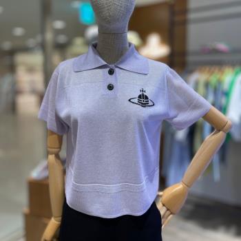 土星嵌花冰絲Polo領針織衫短袖T恤女2023年秋季新款女士打底上衣