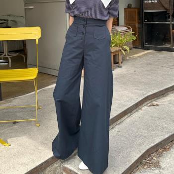韓國chic夏季復古氣質高腰顯瘦四粒扣口袋設計闊腿休閑褲長褲女
