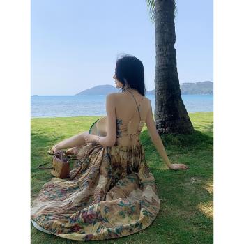 泰國旅游穿搭波西米亞露背后背綁帶連衣裙復古吊帶沙灘裙海邊度假