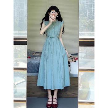氣質名媛高端女神范高級感御姐風藍色收腰小飛袖連衣裙女夏季裙子
