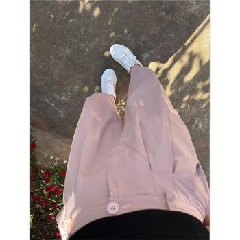 粉色褲子女2023新款爆款夏季薄款小個子工裝褲休閑直筒闊腿西裝褲