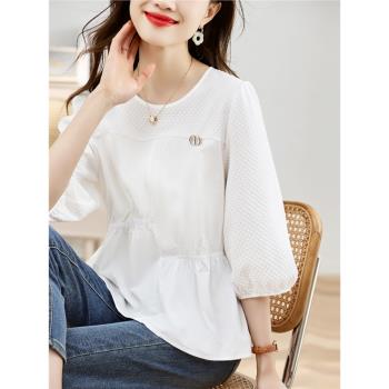 設計感白色襯衫女夏季新款韓版時尚寬松顯瘦百搭洋氣七分袖上衣