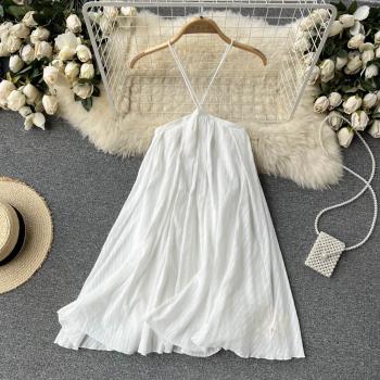 2022夏季新款設計感小眾吊帶海邊度假裙白色沙灘裙掛脖連衣裙女潮