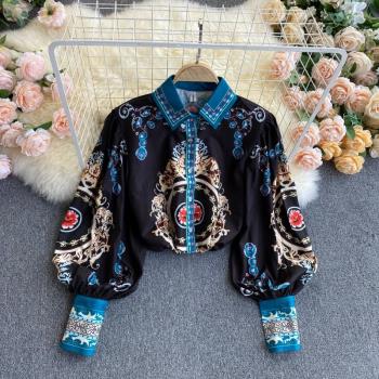 春裝2022年新款女士襯衫女設計感小眾拼色燈籠袖宮廷風上衣女百搭