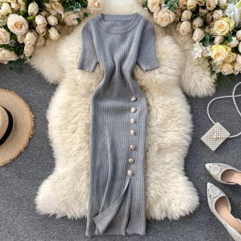 2020年流行女裝新款韓版簡約純色排扣修身短袖針織開叉包臀連衣裙
