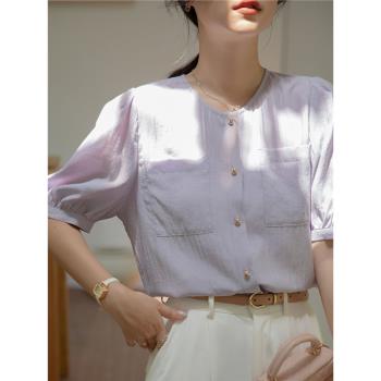 夏季薄款圓領短袖襯衫女法式氣質絕美風信紫色職業通勤面試上衣