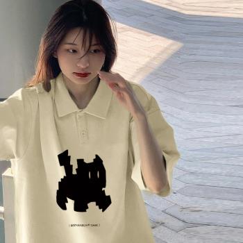 日系黑貓像素polo衫短袖t恤女夏季ins韓系小眾設計感翻領半袖上衣