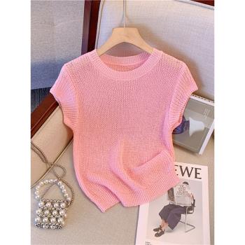 芭比粉色鏤空針織短袖T恤女夏高腰正肩修身冰絲小個子多巴胺上衣