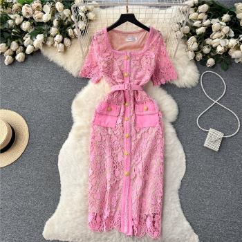 名媛風蕾絲方領連衣裙女夏季輕奢設計重工繡花鏤空小眾高級感裙子